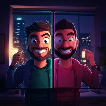 Two cartoon-style men, split by a vertical transparent pane, both smile and point towards themselves against a backdrop of a city skyline at night, with the man on the right appearing slightly older with glasses.